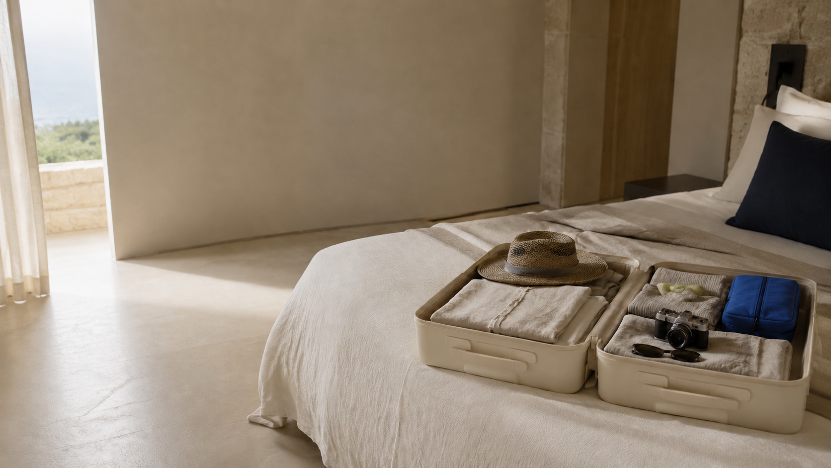 Open suitcase arranged for a thoughtful trip