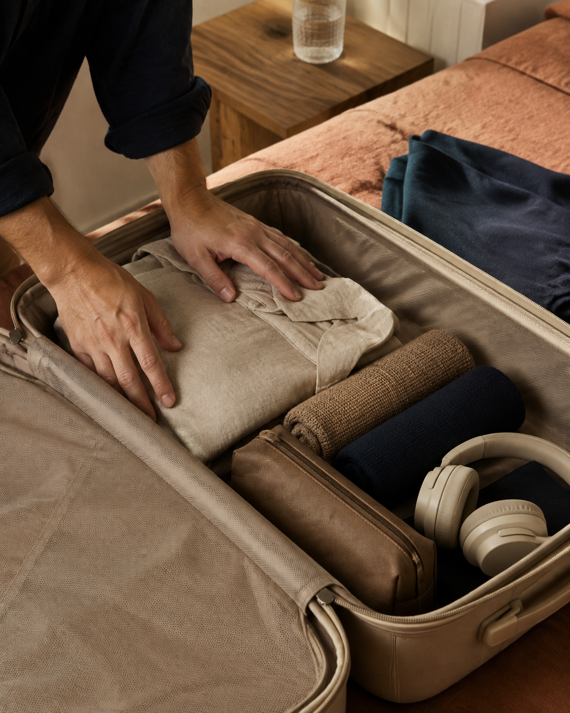 Hands packing thoughtfully into a suitcase